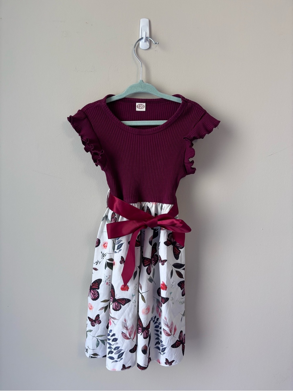 Girls' Burgundy Butterfly Print Dress with Ribbon Waist